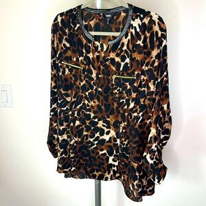 Rafaella Large Long Sleeve Slip On Blouse leopard print bell shaped hem gold